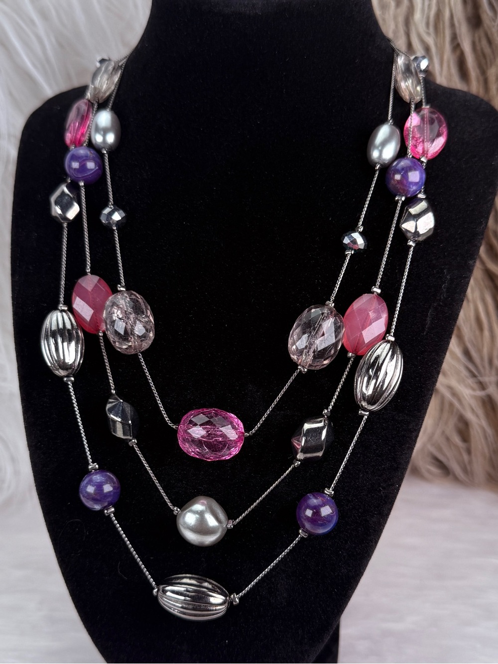 Multi Strand Pink Purple Gray Beaded Statement Necklace Silver Tone Adjustable
